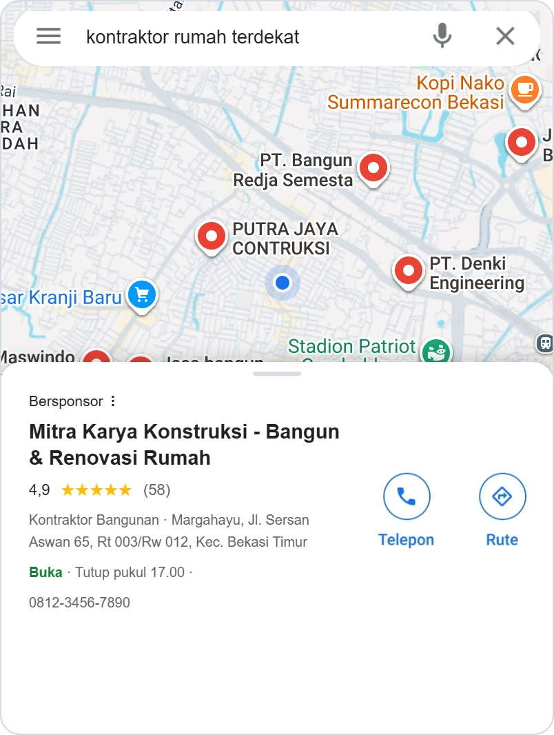 Tangkapan layar asli hasil pencarian Google Maps kontraktor rumah terdekat di HP