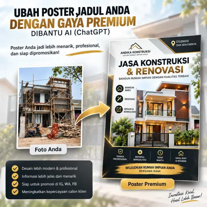 Poster AI Premium: foto proyek biasa diubah jadi poster promosi