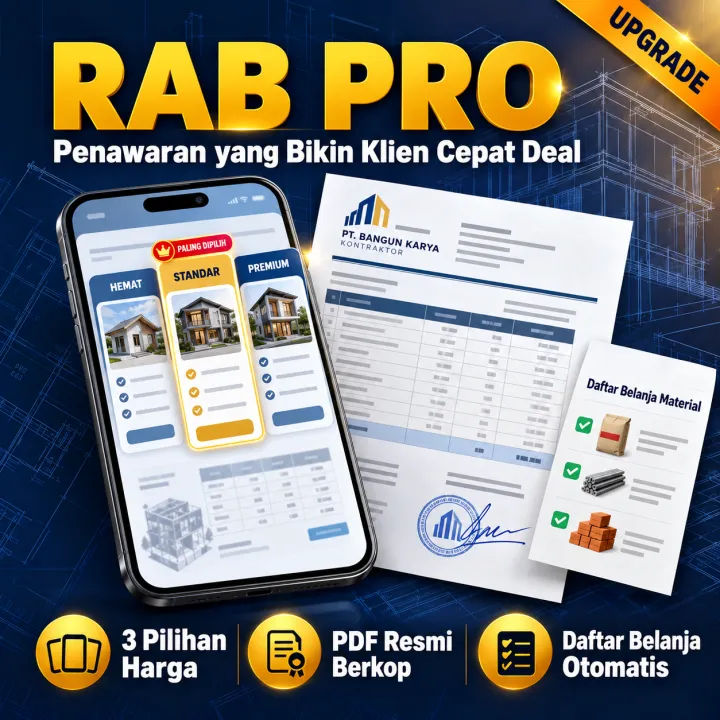 RAB Pro: penawaran 3 pilihan harga, PDF resmi berkop, daftar belanja material