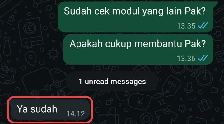 Chat WhatsApp: Sudah cek modul yang lain Pak? Apakah cukup membantu Pak? Dijawab: Ya sudah