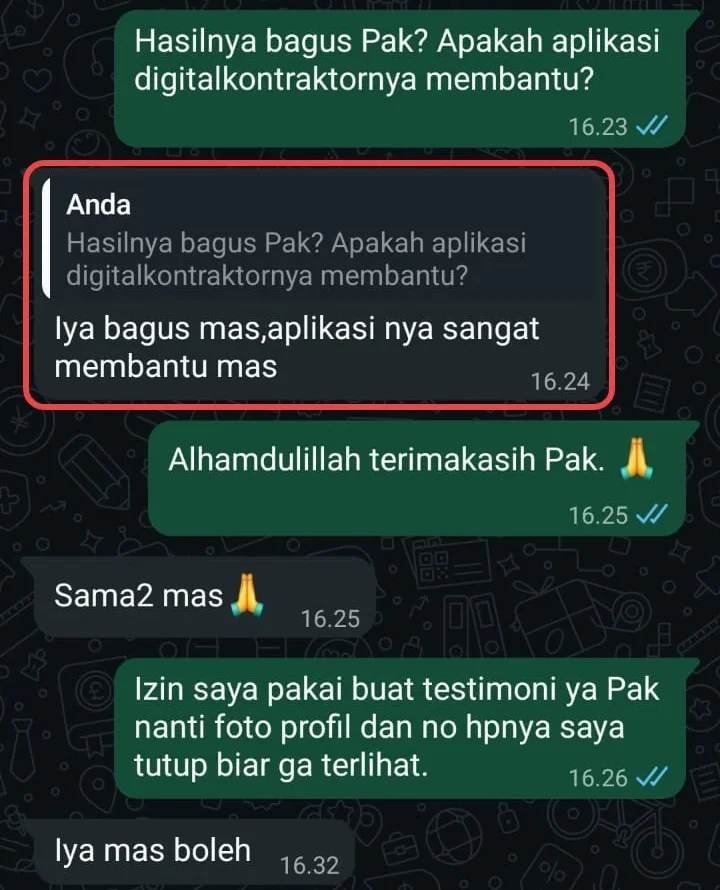 Chat WhatsApp pengguna: Iya bagus mas, aplikasinya sangat membantu mas. Pengguna juga mengizinkan chat ini dipakai sebagai testimoni