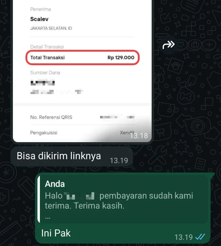 Bukti pembayaran QRIS Rp129.000 ke Scalev, pembeli minta link, lalu link Portal Member Digital Kontraktor dikirim