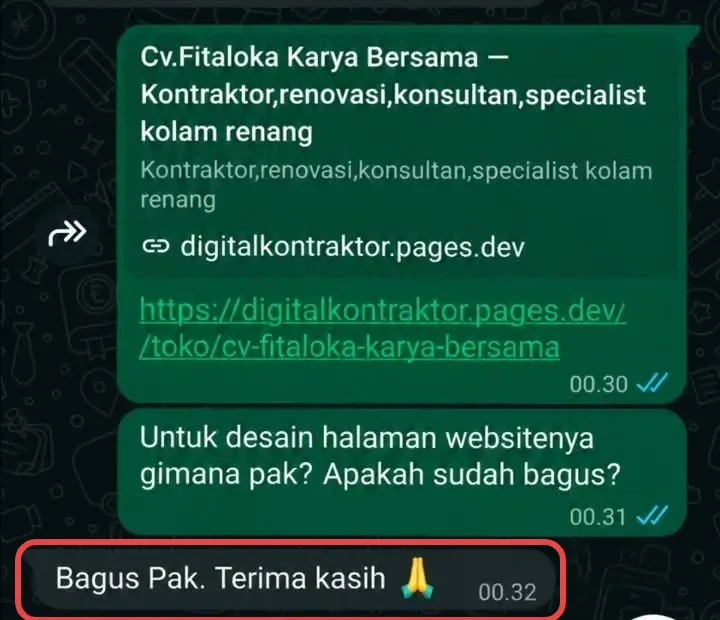 Chat WhatsApp: link website kontraktor Cv. Fitaloka Karya Bersama dikirim, ditanya apakah desainnya sudah bagus, dijawab: Bagus Pak. Terima kasih