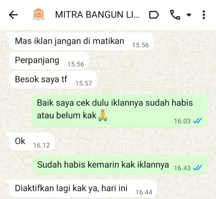 Chat WhatsApp Mitra Bangun Lift Cor: Mas iklan jangan di matikan. Perpanjang. Besok saya tf. Diaktifkan lagi kak ya, hari ini